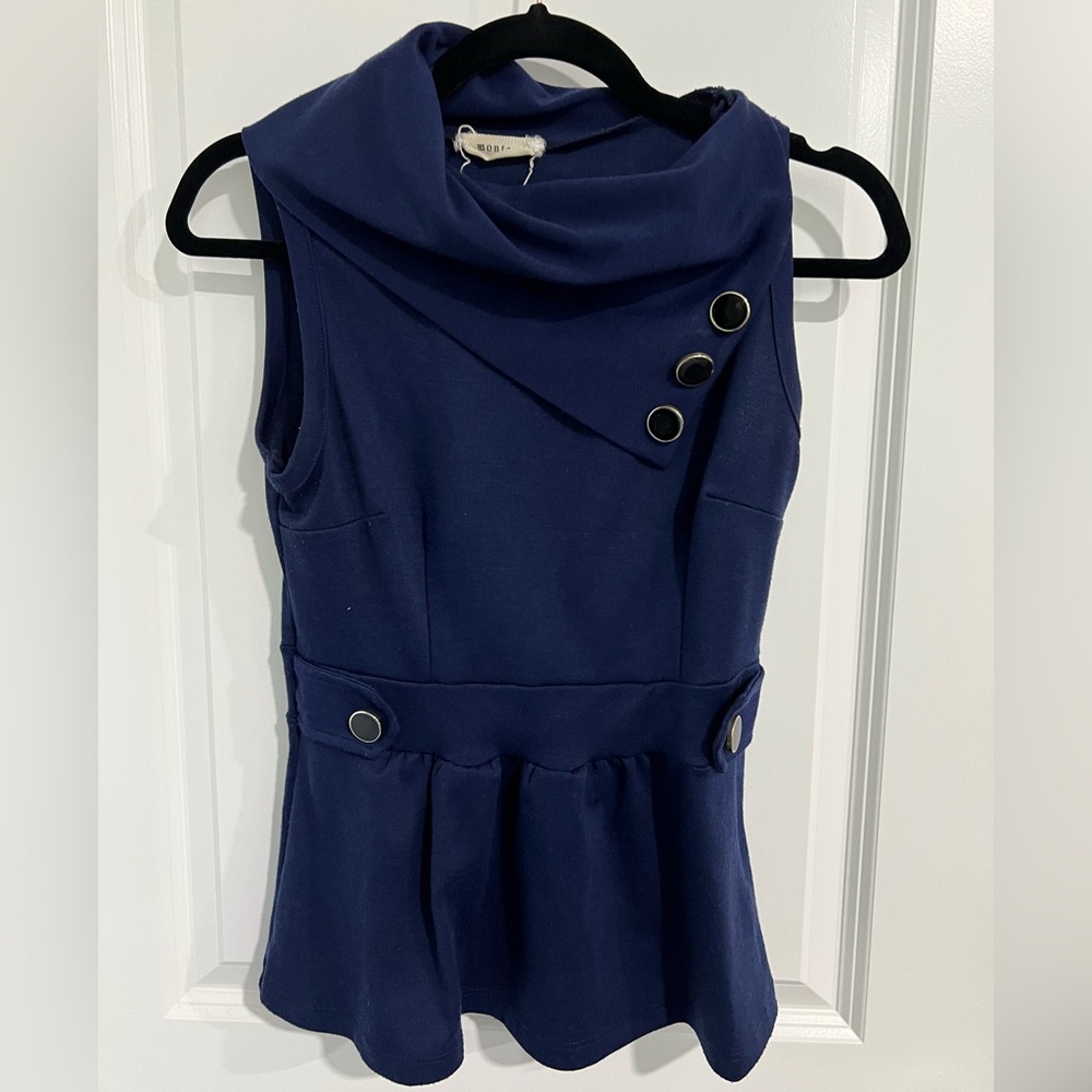 Navy Sleeveless Peplum Top with Button Accents